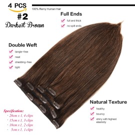 GEELOOK Clip in Hair Extensions Real Human Hair 14 Inch Darkest Brown 2 Color Double Weft 100% Remy Human Hair Thick Long Soft Silky Straight 4pcs 10clips for Women 60grams