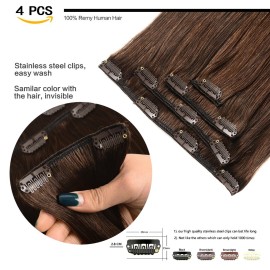 GEELOOK Clip in Hair Extensions Real Human Hair 14 Inch Darkest Brown 2 Color Double Weft 100% Remy Human Hair Thick Long Soft Silky Straight 4pcs 10clips for Women 60grams