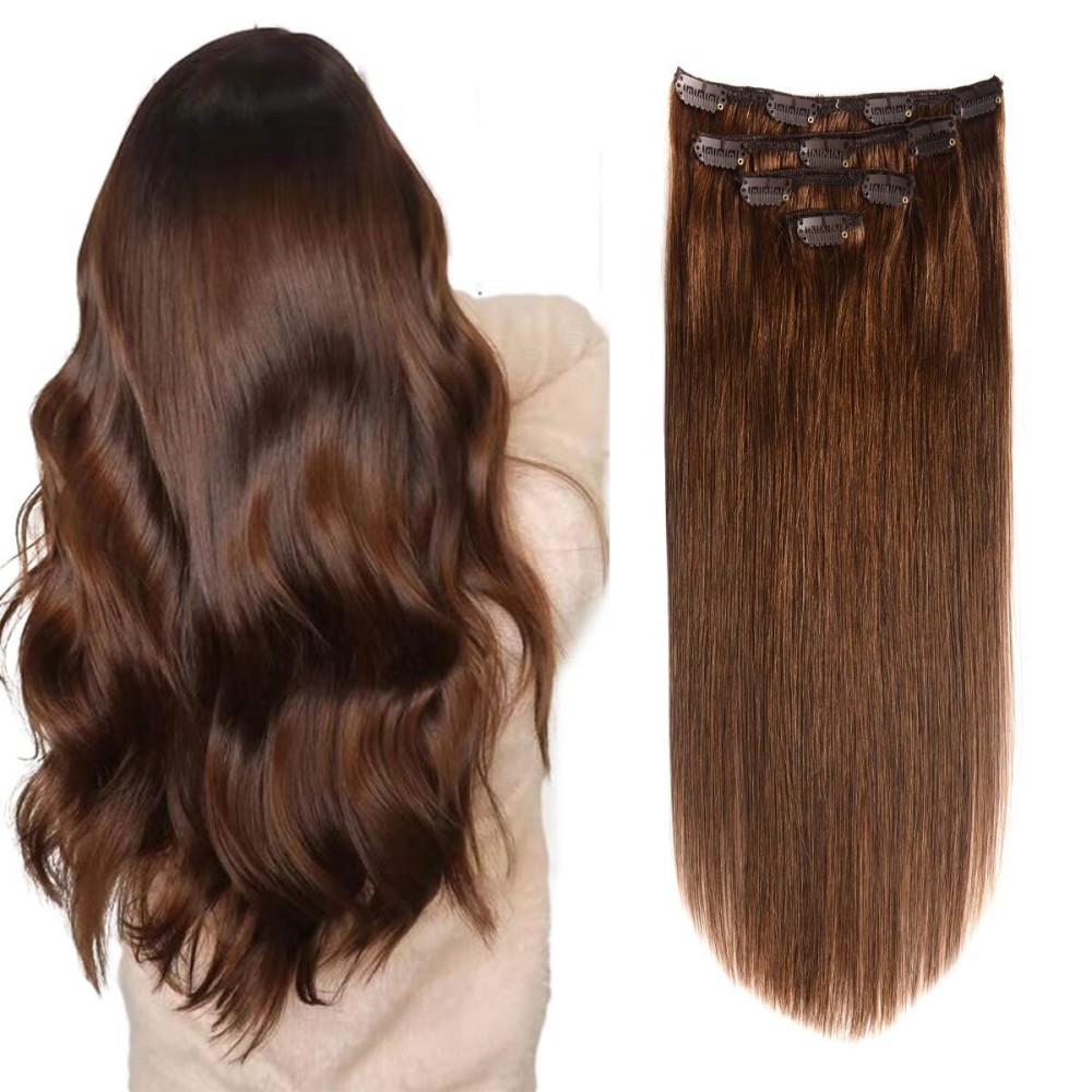 GEELOOK Clip in Hair Extensions Real Human Hair 14 Inch Chocolate Brown 4 Color Double Weft 100% Remy Human Hair Thick Long Soft Silky Straight 4pcs 10clips for Women 60grams GEELOOK Clip in Hair Extensions Real Human Hair 14 Inch Chocolate Brown 4 Color Double Weft 100% Remy Human Hair Thick Long Soft Silky Straight 4pcs 10clips for Women 60grams
