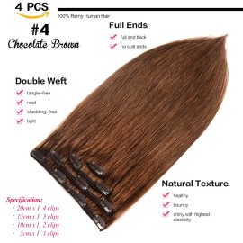 GEELOOK Clip in Hair Extensions Real Human Hair 14 Inch Chocolate Brown 4 Color Double Weft 100% Remy Human Hair Thick Long Soft Silky Straight 4pcs 10clips for Women 60grams GEELOOK Clip in Hair Extensions Real Human Hair 14 Inch Chocolate Brown 4 Color Double Weft 100% Remy Human Hair Thick Long Soft Silky Straight 4pcs 10clips for Women 60grams
