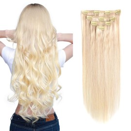 GEELOOK Clip in Hair Extensions Real Human Hair 14 Inch Lightest Blonde 613 Color Double Weft 100% Remy Human Hair Thick Long Soft Silky Straight 4pcs 10clips for Women 60grams