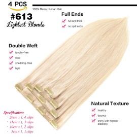 GEELOOK Clip in Hair Extensions Real Human Hair 14 Inch Lightest Blonde 613 Color Double Weft 100% Remy Human Hair Thick Long Soft Silky Straight 4pcs 10clips for Women 60grams GEELOOK Clip in Hair Extensions Real Human Hair 14 Inch Lightest Blonde 613 Color Double Weft 100% Remy Human Hair Thick Long Soft Silky Straight 4pcs 10clips for Women 60grams