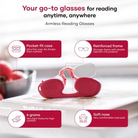 NOOZ - Armless Reading Glasses for Women & Men - Ultra-Lightweight 6g - Presbyopia Readers with Keychain Case - Flexible Frame