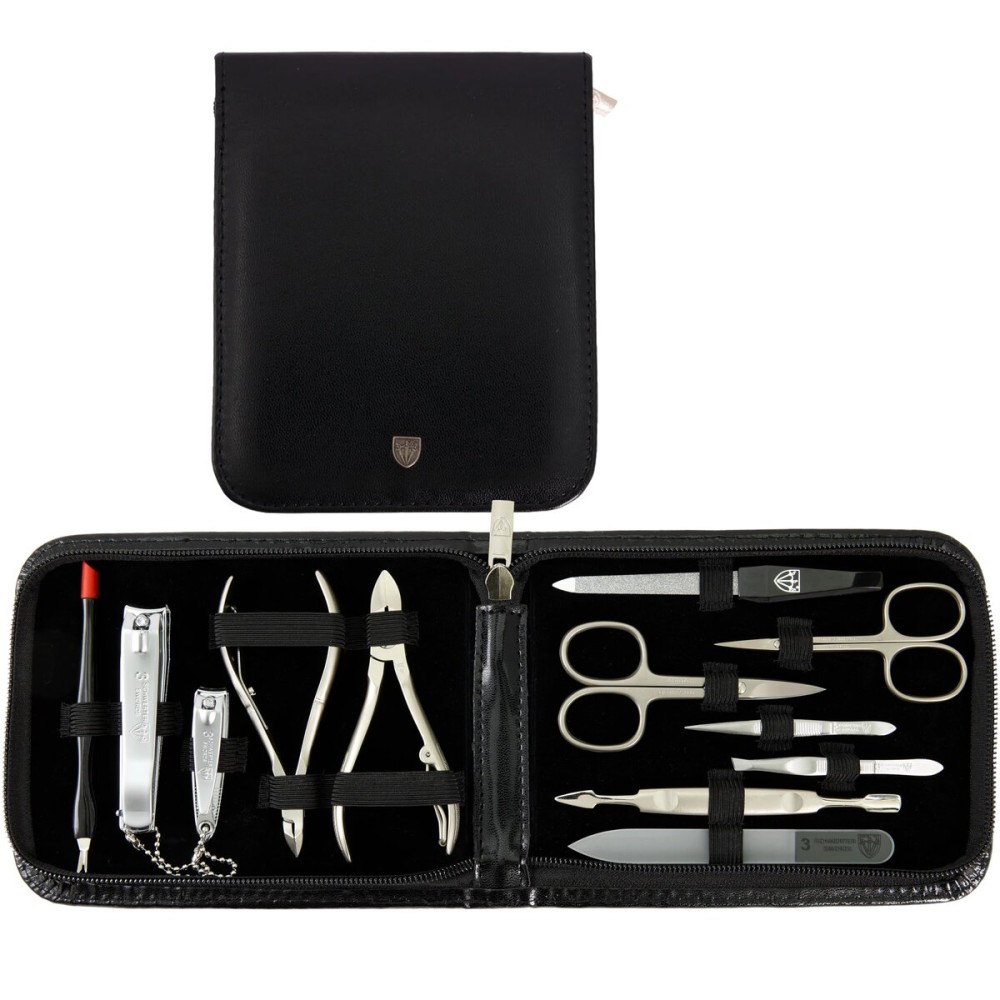 3 Swords Germany - brand quality 12 piece manicure pedicure grooming kit set for professional finger & toe nail care with black synthetic leather case - Made in Germany