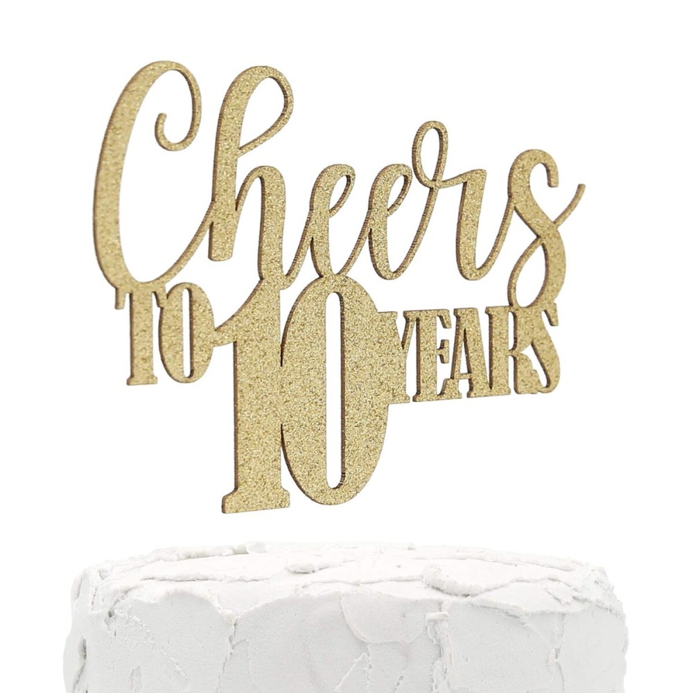 NANASUKO 10th Anniversary Cake Topper - Cheers to 10 years - Double Sided Gold Glitter, Premium quality Made in USA