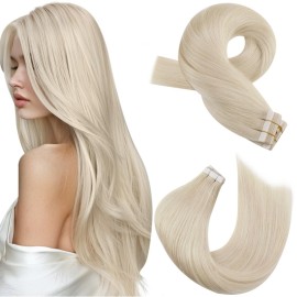Moresoo Blonde Tape in Hair Extensions Human Hair 20Pcs 50G Hair Extensions for Women Platinum Blonde Tape in Real Hair Extensions 16 Inch Fashion Extensions Human Hair Silky Straight Color 60