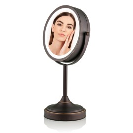 OVENTE 7\'\' Lighted Makeup Mirror with 1X/7X Magnification, Cordless Tabletop Mount Vanity Mirror with 360 Swivel Design & Double Sided Glow Cosmetic White LED Ring Light, Antique Bronze MCT70ABZ1X7X