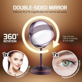 OVENTE 7\'\' Lighted Makeup Mirror with 1X/7X Magnification, Cordless Tabletop Mount Vanity Mirror with 360 Swivel Design & Double Sided Glow Cosmetic White LED Ring Light, Antique Bronze MCT70ABZ1X7X