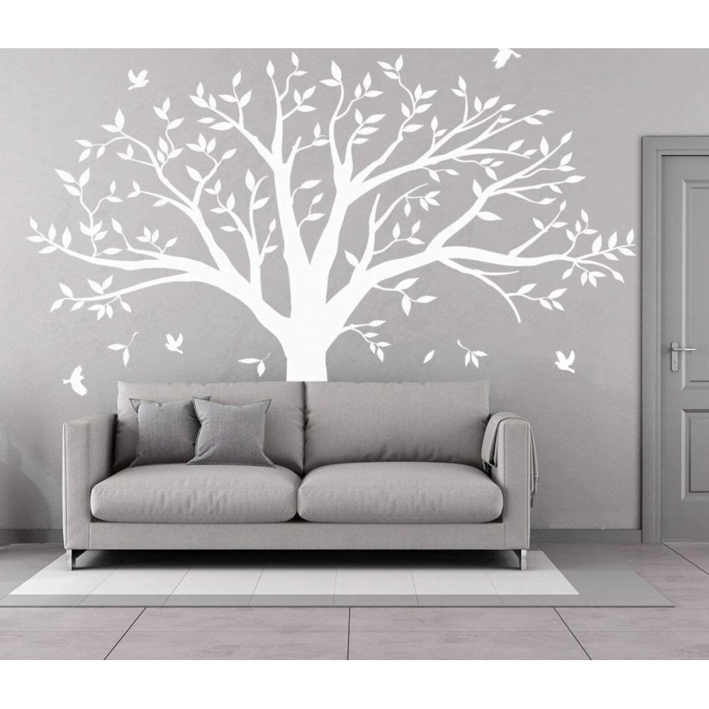 Giant Family Tree Wall Decals Photo Tree Wall Decals with Birds Wall Stickers for Living Room Nursery Bedroom Decoration (White)