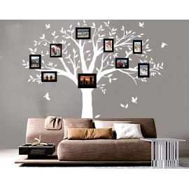 Giant Family Tree Wall Decals Photo Tree Wall Decals with Birds Wall Stickers for Living Room Nursery Bedroom Decoration (White)