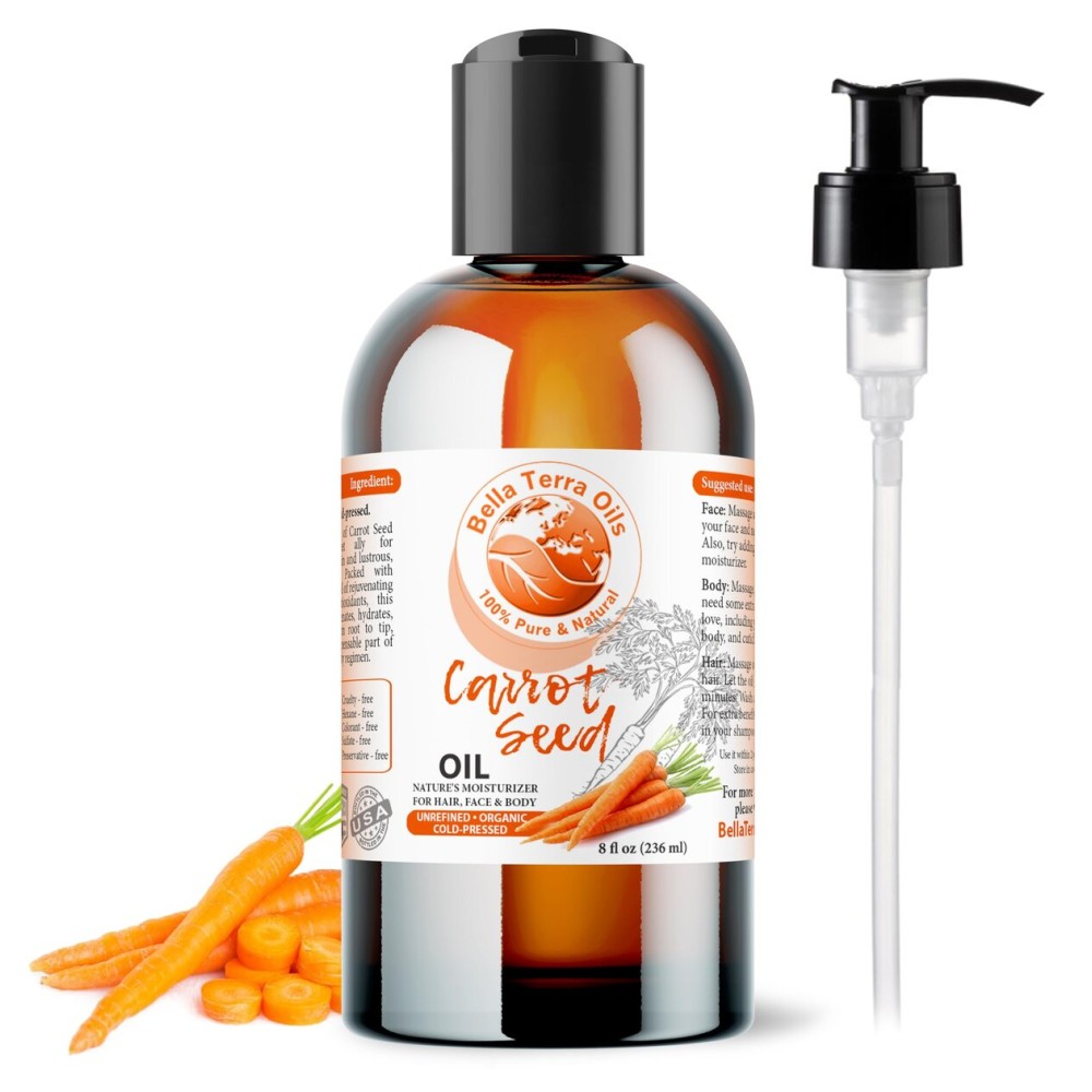 Bella Terra Oils - Organic Carrot Seed Oil 8 oz - Unveiling Organic Carrot\'s Enzymes & Nutritional Benefits, A Cold-Pressed Delight for a Natural Skin Glow