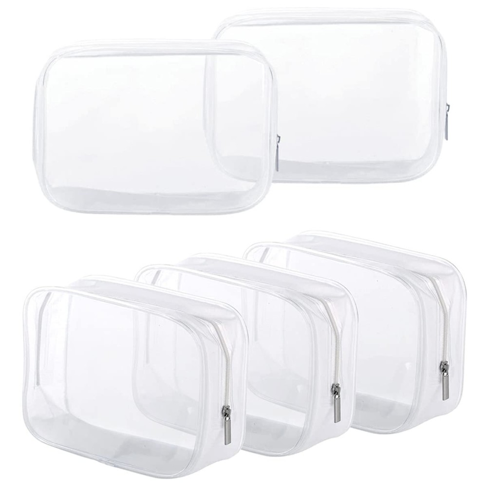 5 Pack Clear Plastic Zippered Toiletry Carry Pouch TSA Approved Toiletry Bag Portable Cosmetic Makeup Bag for Vacation, Bathroom and Organizing (White, Small)