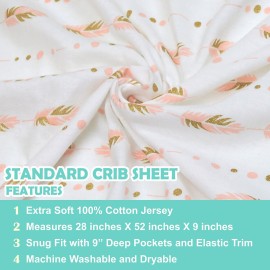 TL Care Fitted Crib Sheet 28 x 52, Soft Breathable Neutral 100% Cotton Jersey Sheet, Gold and Pink Feather, for Boys and Girls, Fits Crib and Toddler Bed mattresses