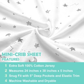 TL Care 100% Natural Cotton Fitted Mini Crib Sheet 38 x 24 - Soft & Breathable Small Nesting Portable Crib Sheet, Fits Pack N Play Mattresses, Stars and Moons, for Boys & Girls