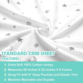 TL Care Fitted Crib Sheet 28 x 52, Soft Breathable Neutral 100% Cotton Jersey Sheet, Stars and Moons, for Boys and Girls, Fits Crib and Toddler Bed mattresses