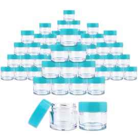 Beauticom 7 Gram / 7 ML (Quantity: 60 Pieces) Thick Wall Round Leak Proof Clear Acrylic Jars with Teal Lids for Beauty, Cream, Cosmetics, Salves, Scrubs