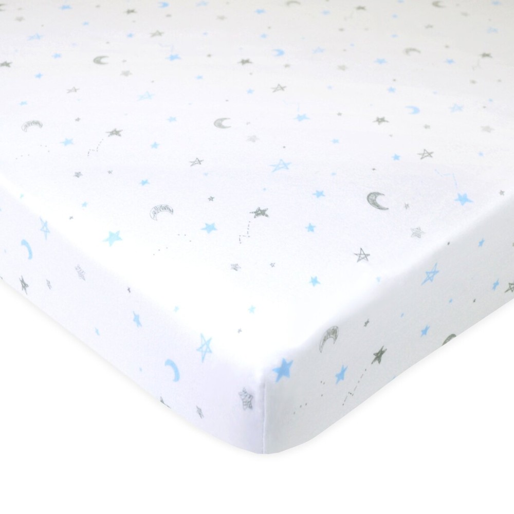 TL Care 100% Natural Cotton Fitted Mini Crib Sheet 38 x 24 - Soft & Breathable Small Nesting Portable Crib Sheet, Fits Pack N Play Mattresses, Blue Stars and Moons, for Boys & Girls