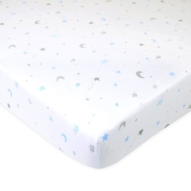 TL Care 100% Natural Cotton Fitted Mini Crib Sheet 38 x 24 - Soft & Breathable Small Nesting Portable Crib Sheet, Fits Pack N Play Mattresses, Blue Stars and Moons, for Boys & Girls