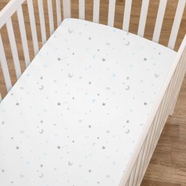 TL Care 100% Natural Cotton Fitted Mini Crib Sheet 38 x 24 - Soft & Breathable Small Nesting Portable Crib Sheet, Fits Pack N Play Mattresses, Blue Stars and Moons, for Boys & Girls