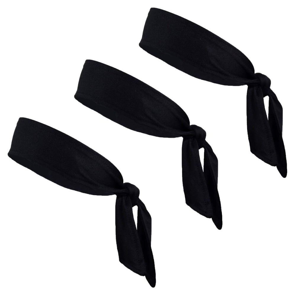 Kenz Laurenz Tie Back Headbands Moisture Wicking Athletic Sports Head Band You Pick Colors (3 Pack Black)