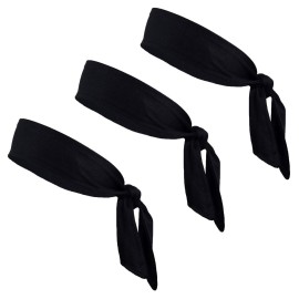 Kenz Laurenz Tie Back Headbands Moisture Wicking Athletic Sports Head Band You Pick Colors (3 Pack Black)