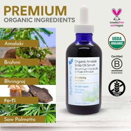 Blue Beautifly Organic Amla Oil for Scalp Serum - Strengthens Hair Follicles, Restores Growth, and Treats Dandruff-USDA Certified Organic - Enriched with Rosemary Oil and Ayurvedic Herbs - 4 fl oz
