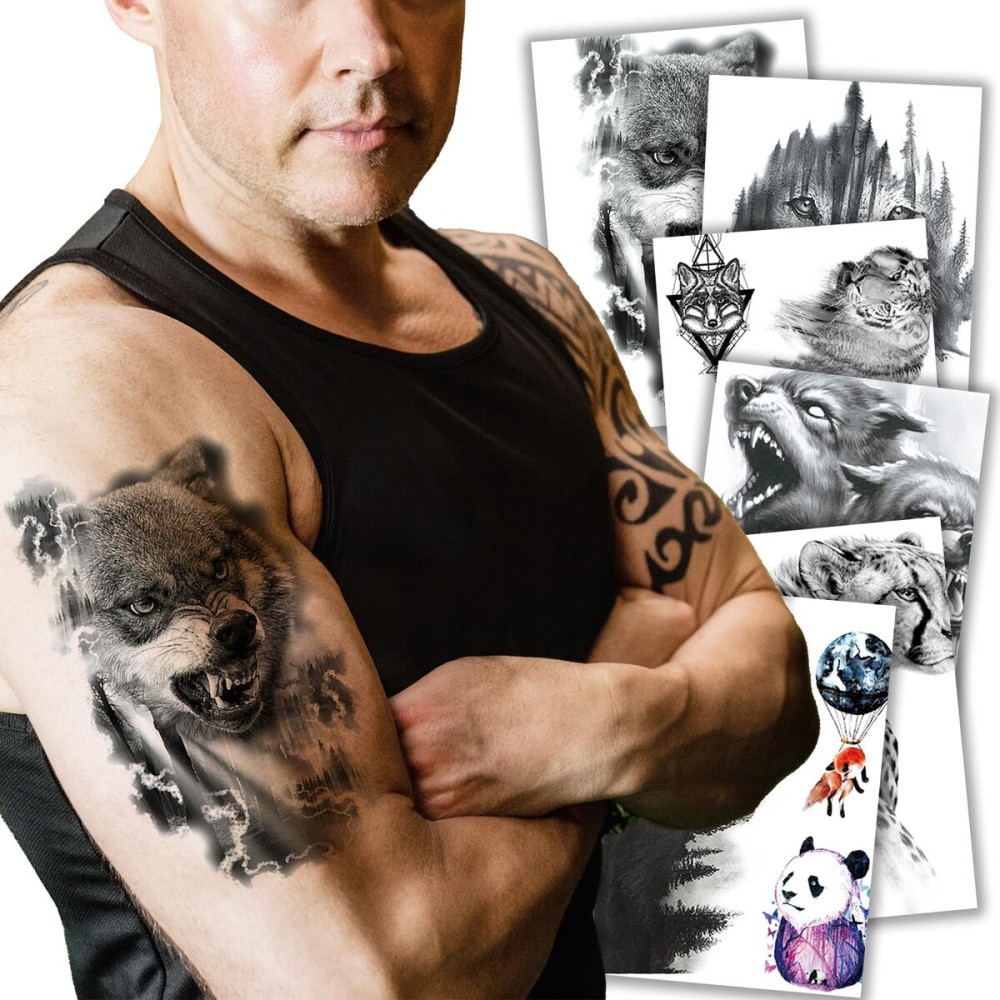 Kotbs 6 Sheets Animal Temporary Tattoos, Black Strong Wolf Tiger Tattoo Stickers for Men Women Adults Waterproof Fake Tattoos