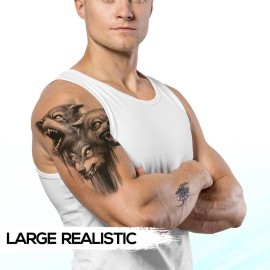 Kotbs 6 Sheets Animal Temporary Tattoos, Black Strong Wolf Tiger Tattoo Stickers for Men Women Adults Waterproof Fake Tattoos