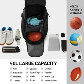 MIER Gym Backpack 40L Basketball Backpack with Ball Compartment & Shoes Storage Multi-Functional Sports Soccer Bag Large Equipment Back Pack Volleyball Backpacks for Men Women, Pure Black