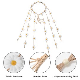 AWAYTR Flower Hippie Headband Floral Crown Behemain Sunflowers Beads Adjust Flower Headdress Hair Accessories (White)
