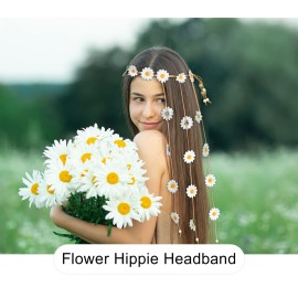 AWAYTR Flower Hippie Headband Floral Crown Behemain Sunflowers Beads Adjust Flower Headdress Hair Accessories (White)