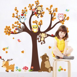 Creative Cartoon Family Owls On The Brown Tree Wall Decals Removable Wall Stickers DIY Wall Art Decor 3D Murals Animals Wallpaper for Nursery School Kids Baby Bedroom Bathroom Decoration