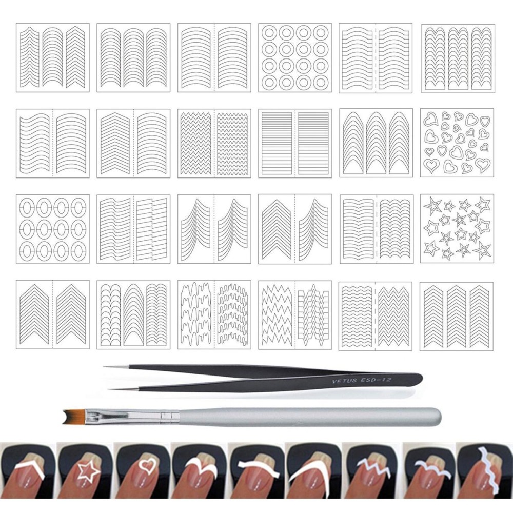 WOKOTO 24 Sheets French Nail Stickers For Women Heart Shape Star Wave Smile Shapes Image French Tip Guides Stickers With 1 Pcs Anti-Static Tweezers And 1 Pcs French Brush Set WOKOTO 24 Sheets French Nail Stickers For Women Heart Shape Star Wave Smile Shapes Image French Tip Guides Stickers With 1 Pcs Anti-Static Tweezers And 1 Pcs French Brush Set