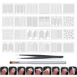 WOKOTO 24 Sheets French Nail Stickers For Women Heart Shape Star Wave Smile Shapes Image French Tip Guides Stickers With 1 Pcs Anti-Static Tweezers And 1 Pcs French Brush Set