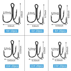 Fishing Treble Hooks Kit High Carbon Steel Hooks Strong Sharp Round Bend for Lures Baits Saltwater Fishing 110pcs/box Mixed 6 Size 4 6 8 10 12 14