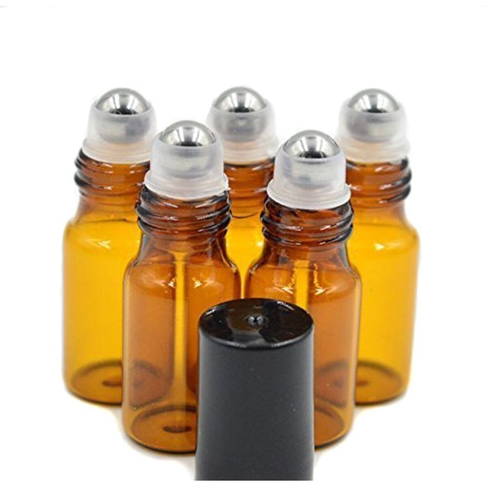 WOIWO 5 PCS Amber Empty Brown Glass Roll-on Bottles With Stainless Steel Roller Balls And Black Cap For Essential Oil Perfumes Lip Balms 5 ML