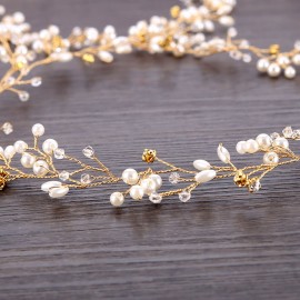 Wedding Bridal Headband Headpieces - Total Length 19.7 inches - Bridesmaid and Flowergirls Crystals Pearls Hair Vine Headwear Accessories for Women Lady (Gold)