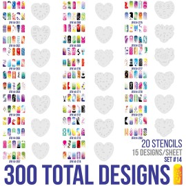 Custom Body Art Airbrush Nail Stencils - Design Series Set  14 Includes 20 Individual Nail Art Template Sheets with 16 Designs Each for a Total 320 Patterns