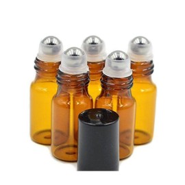 24PCS 5ml Amber Glass Roll-on Bottles Refillable Roller Bottle Vial Container Holder Pot Jar with Stainless Steel Roller Balls and Black Caps for Essential Oil Aromatherapy Perfumes Lip Gloss Balms