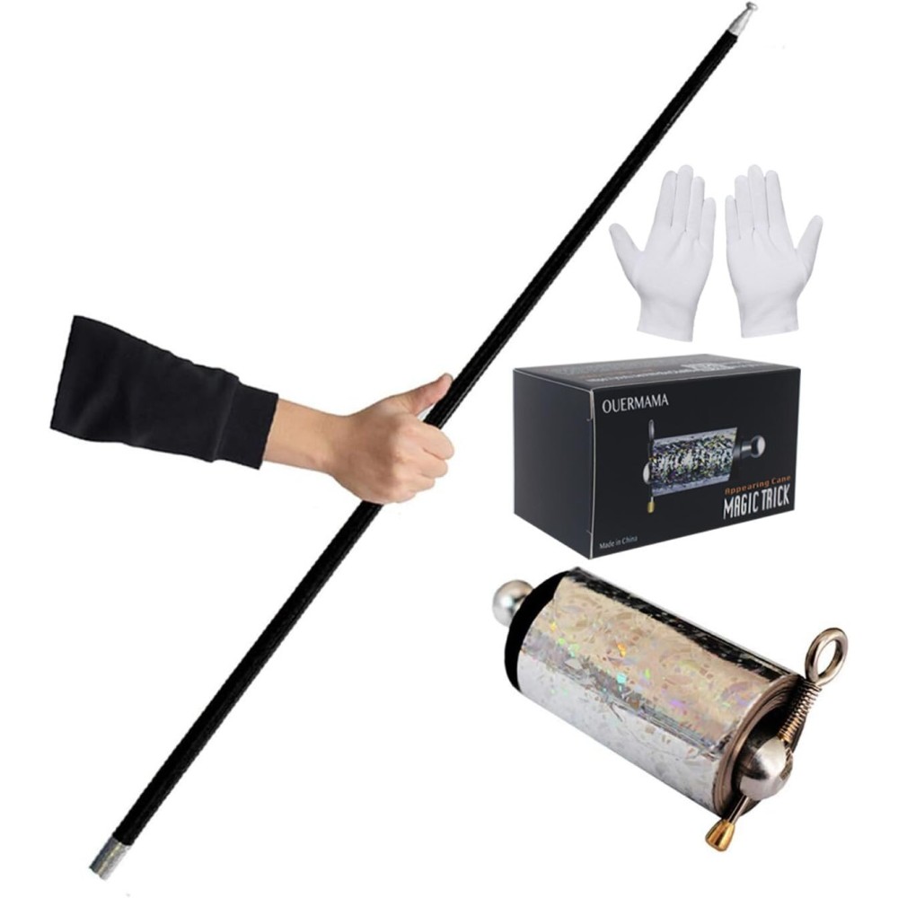 OUERMAMA Black Magic Cane Metal Appearing Cane with Video Tutorial and Free Gloves, Pocket Staff Magic Tricks
