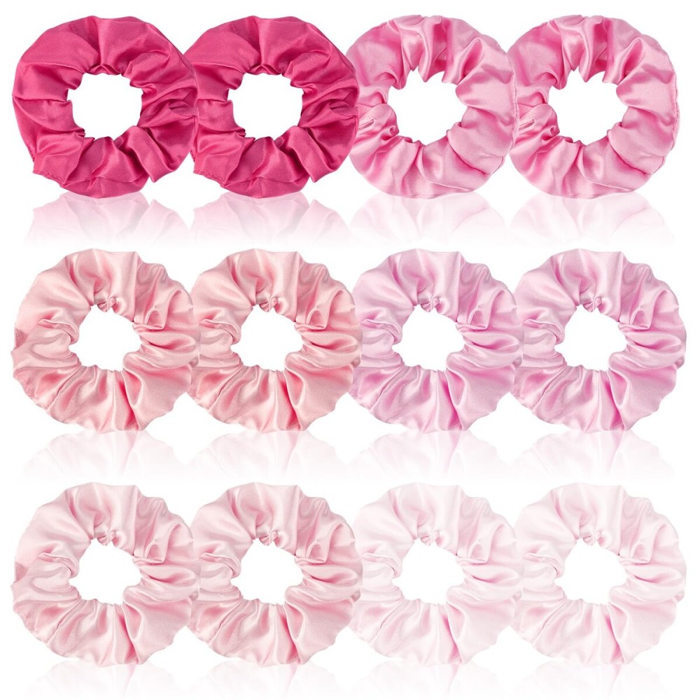 Satin Scrunchies Set of 12 - Elastic Silk Bubble for Girls, Pink Hair Accessories and Valentine\'s Day Gifts