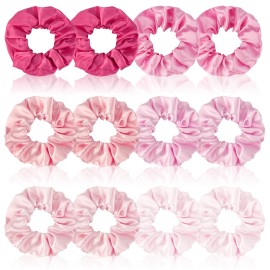 Satin Scrunchies Set of 12 - Elastic Silk Bubble for Girls, Pink Hair Accessories and Valentine\'s Day Gifts