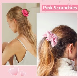 Satin Scrunchies Set of 12 - Elastic Silk Bubble for Girls, Pink Hair Accessories and Valentine\'s Day Gifts