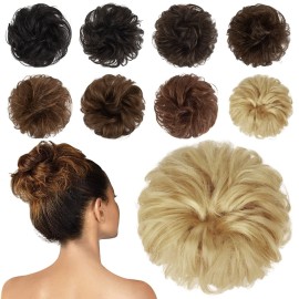 FESHFEN Human Messy Buns - 100% Human Hair Bun Real Scrunchies Hair Pieces Ponytail Extensions Wavy Tousled Updo Chignon Hairpieces for Women, Light Blonde