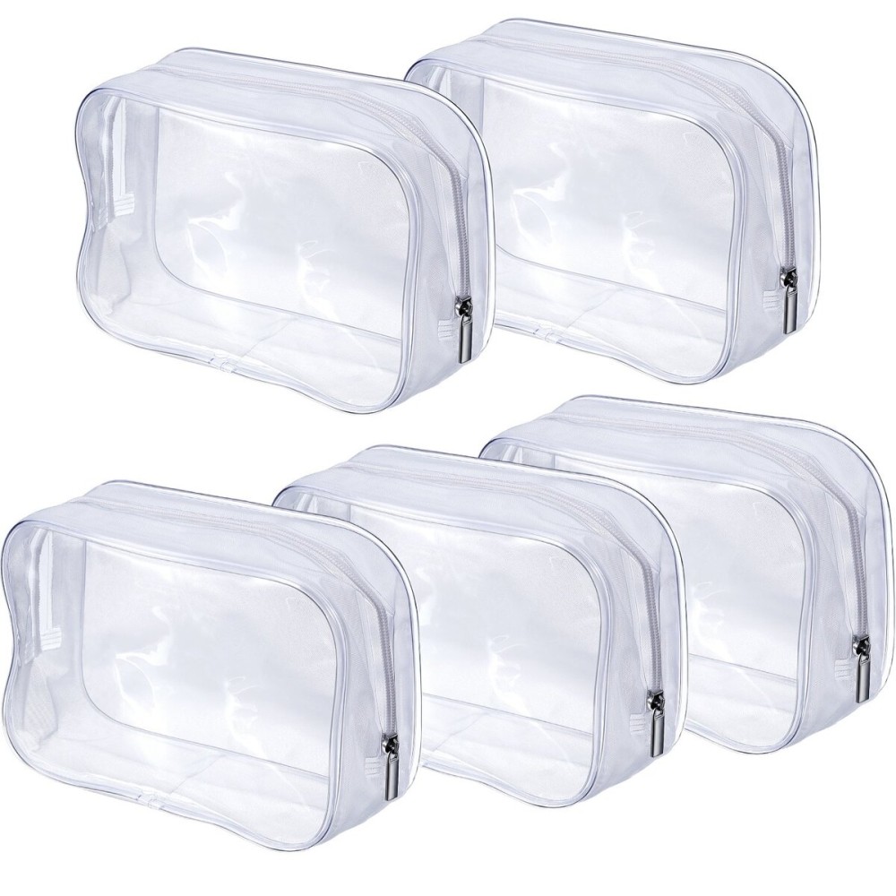 Pangda 5 Pack Clear PVC Zippered Toiletry Carry Pouch Portable Cosmetic Makeup Bag for Vacation, Bathroom and Organizing (Small, White) Pangda 5 Pack Clear PVC Zippered Toiletry Carry Pouch Portable Cosmetic Makeup Bag for Vacation, Bathroom and Organizing (Small, White)