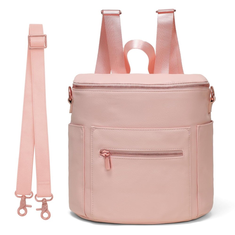 miss fong Pink Small Diaper Bag Mini Diaper Bag, Leather Diaper Bag Backpack Mini Backpack with 14 Pockets Insulated Pockets & Shoulder Straps