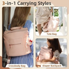 miss fong Pink Small Diaper Bag Mini Diaper Bag, Leather Diaper Bag Backpack Mini Backpack with 14 Pockets Insulated Pockets & Shoulder Straps
