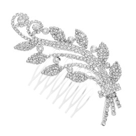 Rosemarie Collections Women\'s Elegant Silver Tone Crystal Rhinestone Leaf And Vine Formal Headpiece Bridal Hair Comb, 4