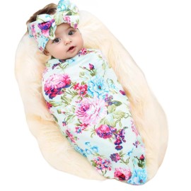 Galabloomer Receiving Blanket Headband Set Flower Print Baby Swaddle Receiving Blankets