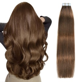 SUYYA Tape in Hair Extensions Remy Human Hair Chocolate Brown Color 14 inches 40g 20pcs Straight Seamless Skin Weft Tape in Human Hair Extensions(14 inches 4 Dark Brown)